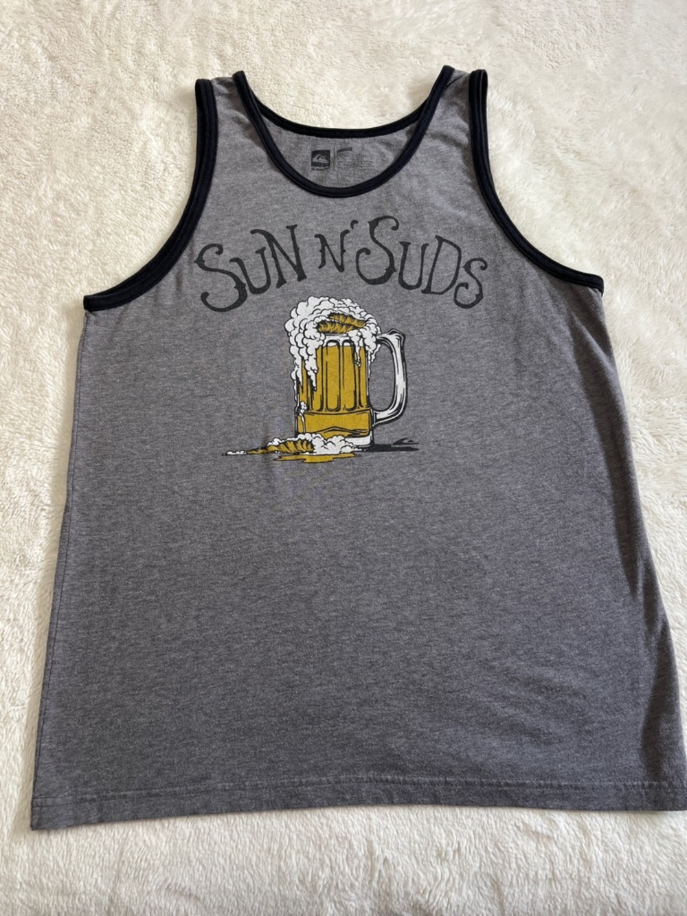Quiksilver Gray Tank Top with Black Trim and Yellow Beer Graphic